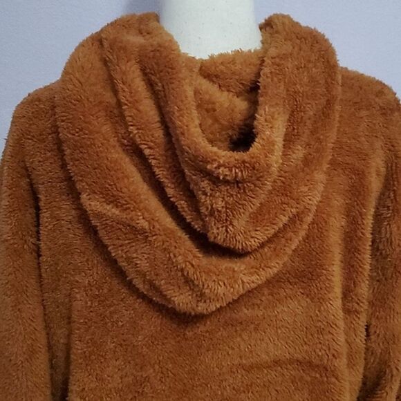 SHEIN Essnce Rust Brown Drop Shoulder Hooded Teddy Sweatshirt Mini Dress - Picture 9 of 13